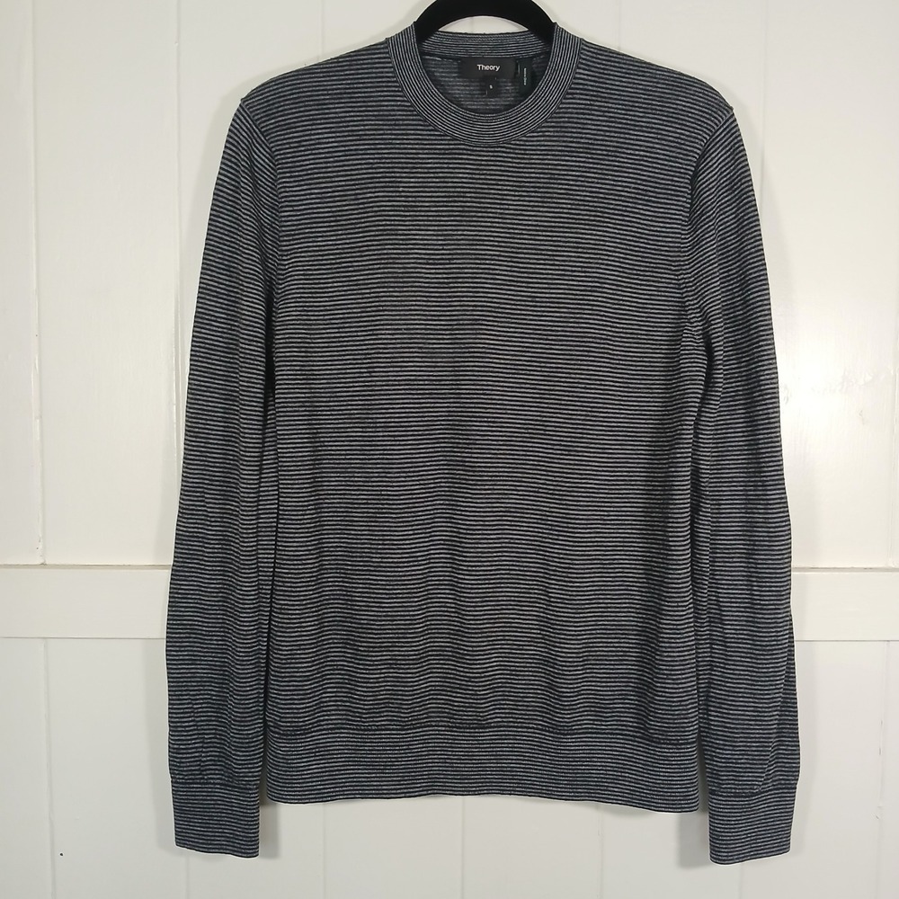 Theory Sweater Mens S Grey Striped Hillings C Merino Wool Cashfeel Crewneck